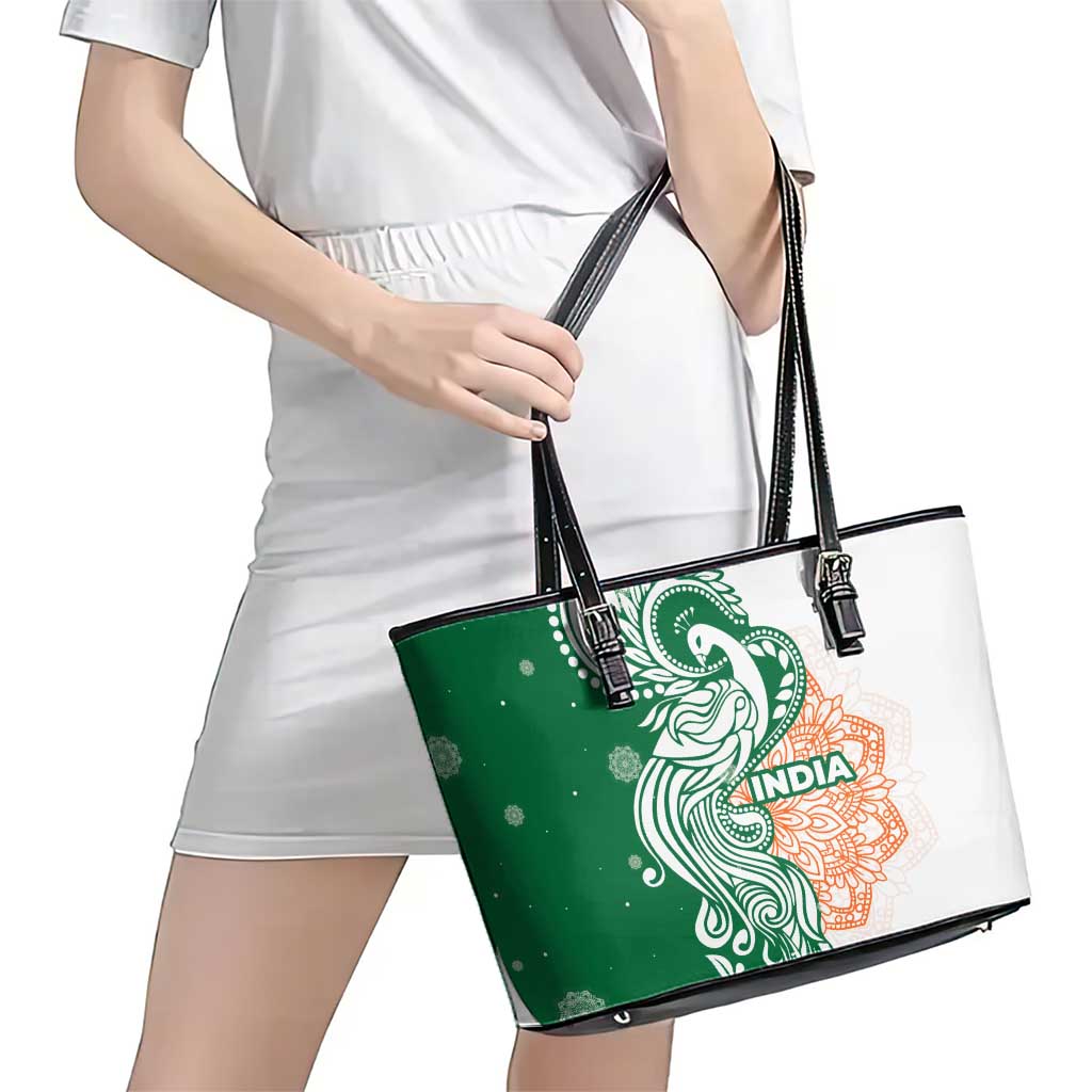 India Christmas Leather Tote Bag with Peacock Mandala Pattern and Tricolor Design - Wonder Print Shop