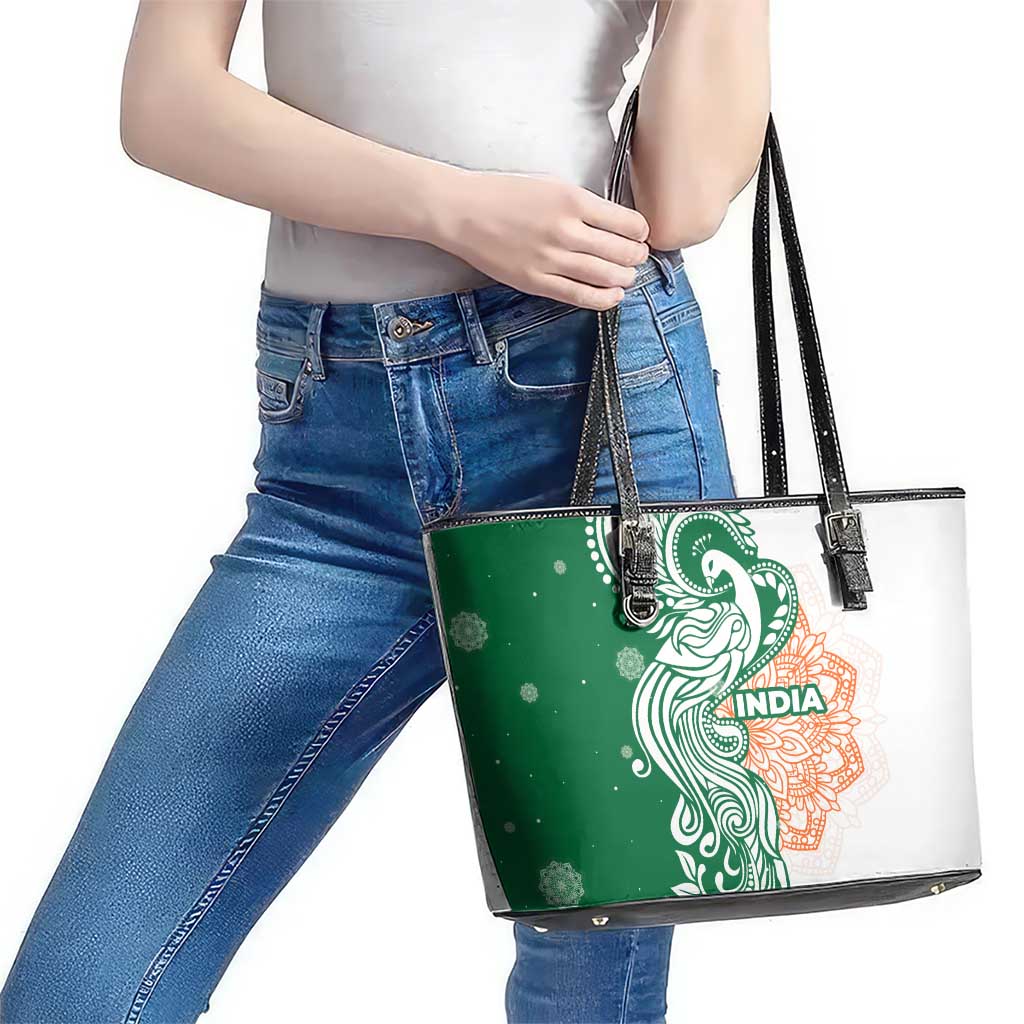 India Christmas Leather Tote Bag with Peacock Mandala Pattern and Tricolor Design - Wonder Print Shop