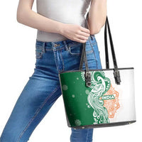 India Christmas Leather Tote Bag with Peacock Mandala Pattern and Tricolor Design - Wonder Print Shop