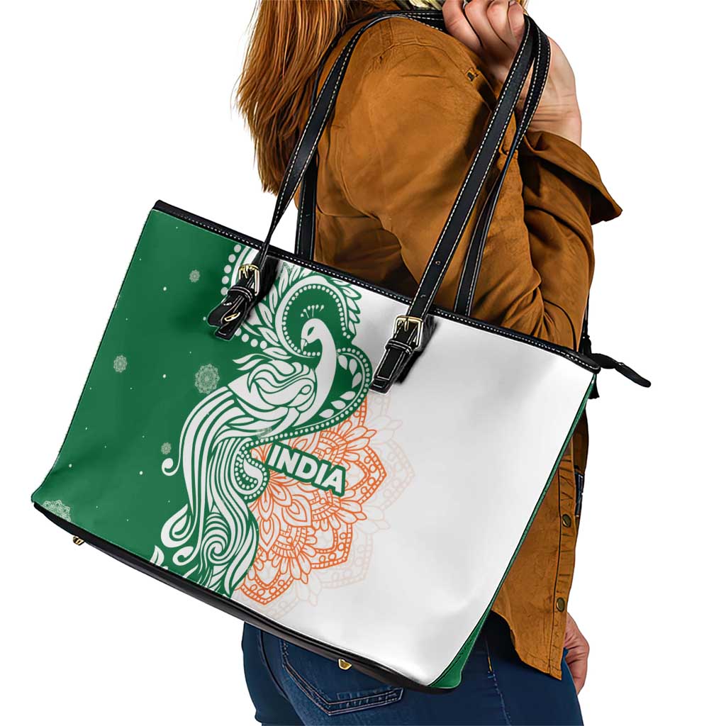 India Christmas Leather Tote Bag with Peacock Mandala Pattern and Tricolor Design - Wonder Print Shop