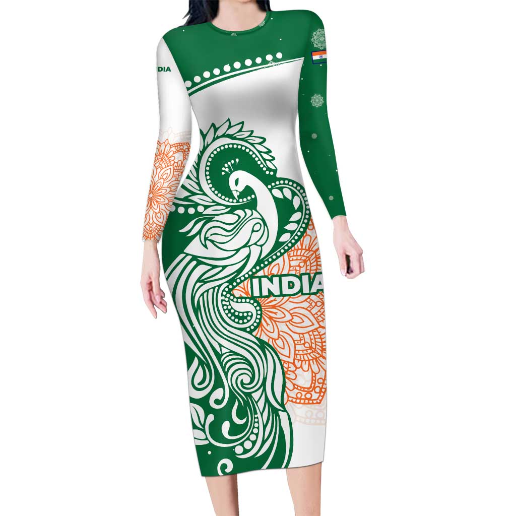 India Christmas Long Sleeve Bodycon Dress with Peacock Mandala Pattern and Tricolor Design - Wonder Print Shop