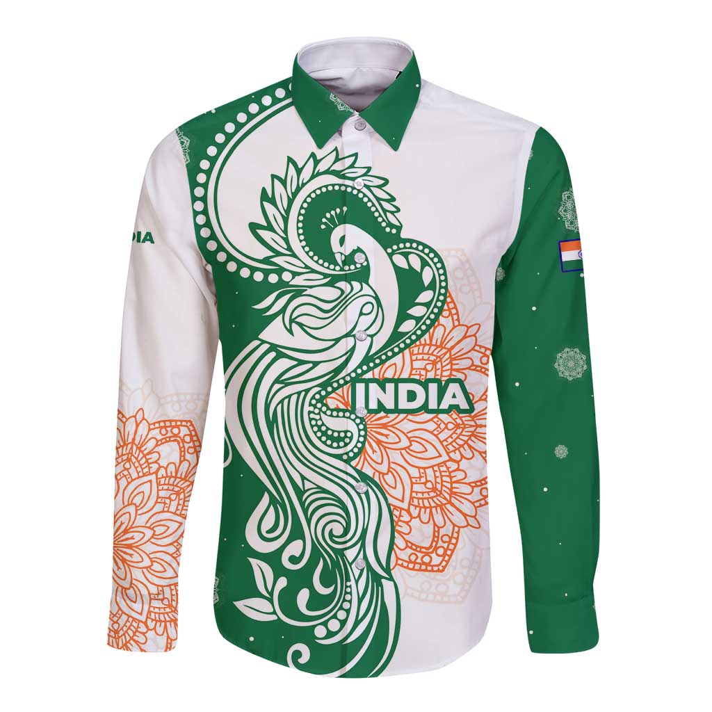India Christmas Long Sleeve Button Shirt with Peacock Mandala Pattern and Tricolor Design - Wonder Print Shop