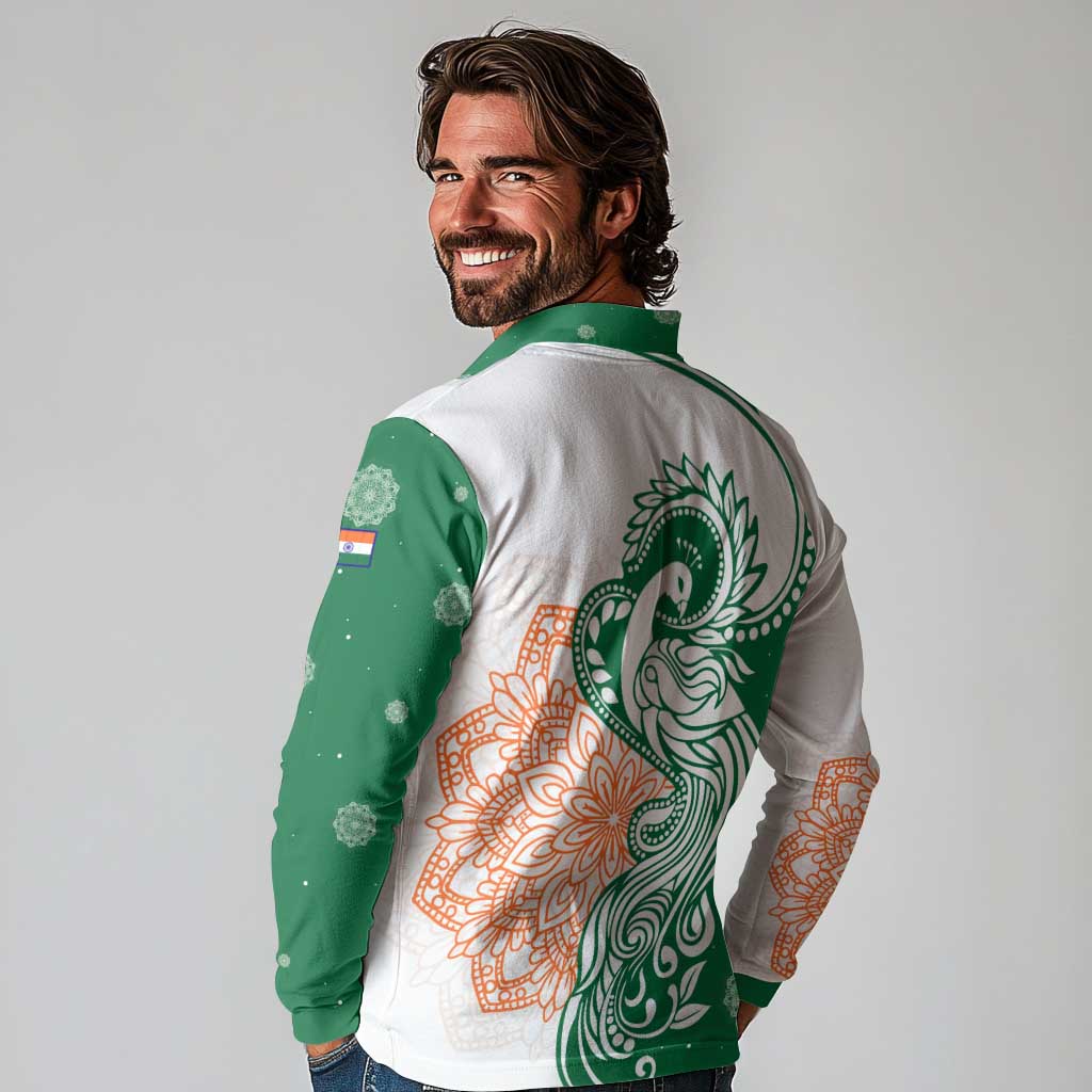 India Christmas Long Sleeve Polo Shirt with Peacock Mandala Pattern and Tricolor Design - Wonder Print Shop