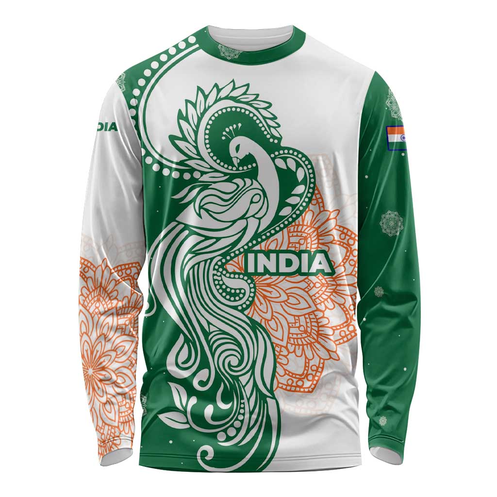 India Christmas Long Sleeve Shirt with Peacock Mandala Pattern and Tricolor Design - Wonder Print Shop