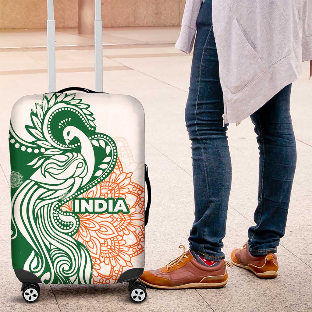 India Christmas Luggage Cover with Peacock Mandala Pattern and Tricolor Design - Wonder Print Shop