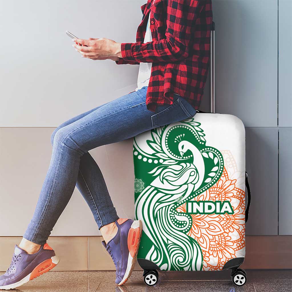 India Christmas Luggage Cover with Peacock Mandala Pattern and Tricolor Design - Wonder Print Shop