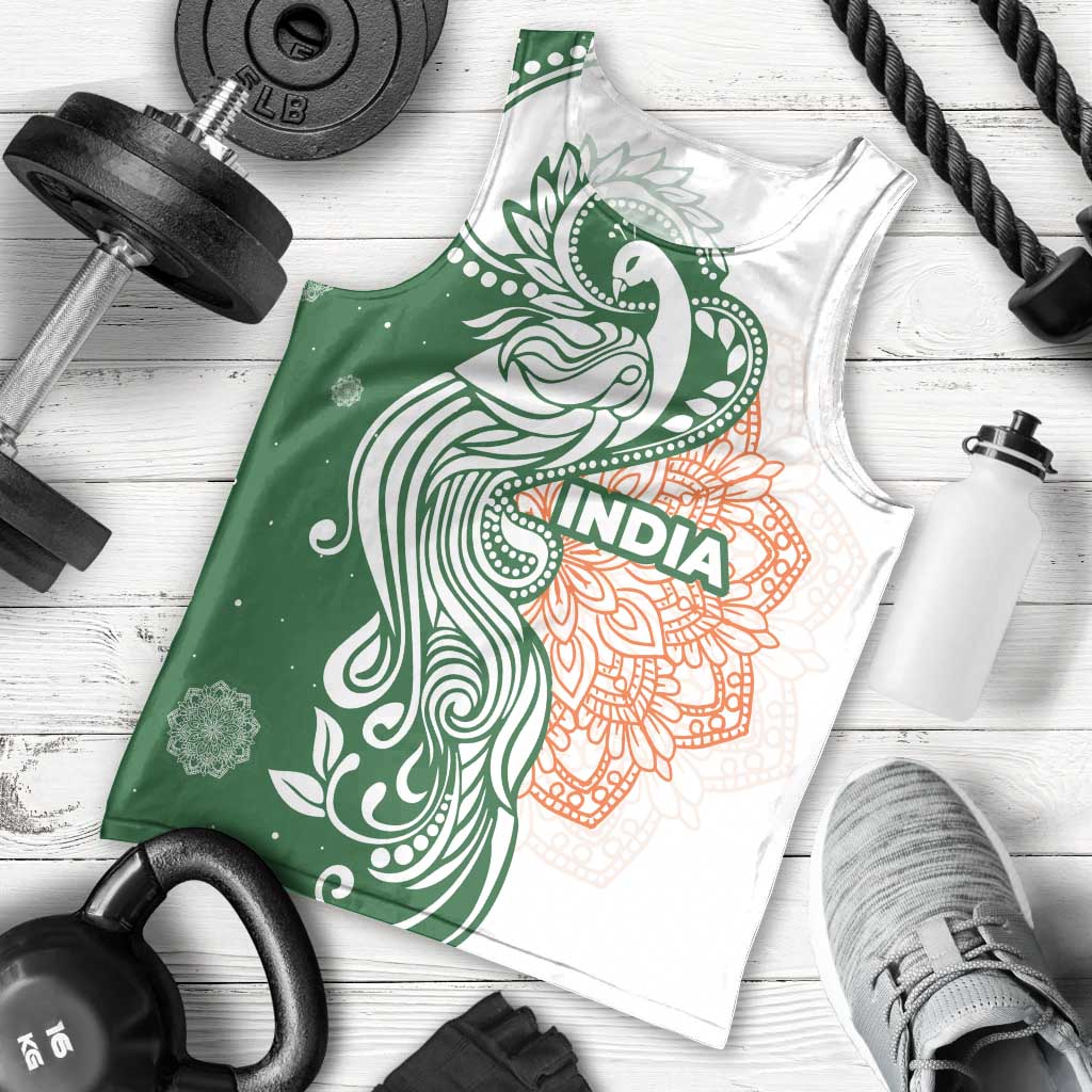 India Christmas Men Tank Top with Peacock Mandala Pattern and Tricolor Design - Wonder Print Shop