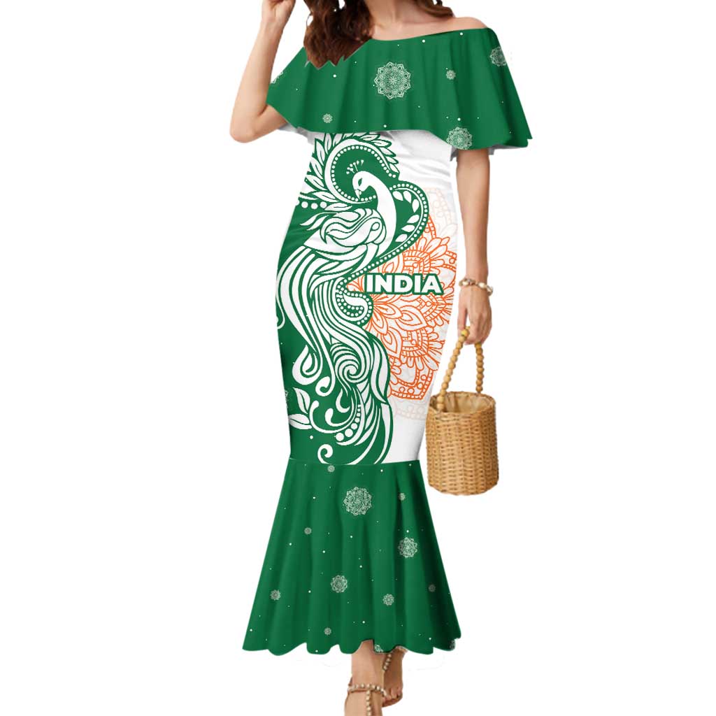 India Christmas Mermaid Dress with Peacock Mandala Pattern and Tricolor Design - Wonder Print Shop
