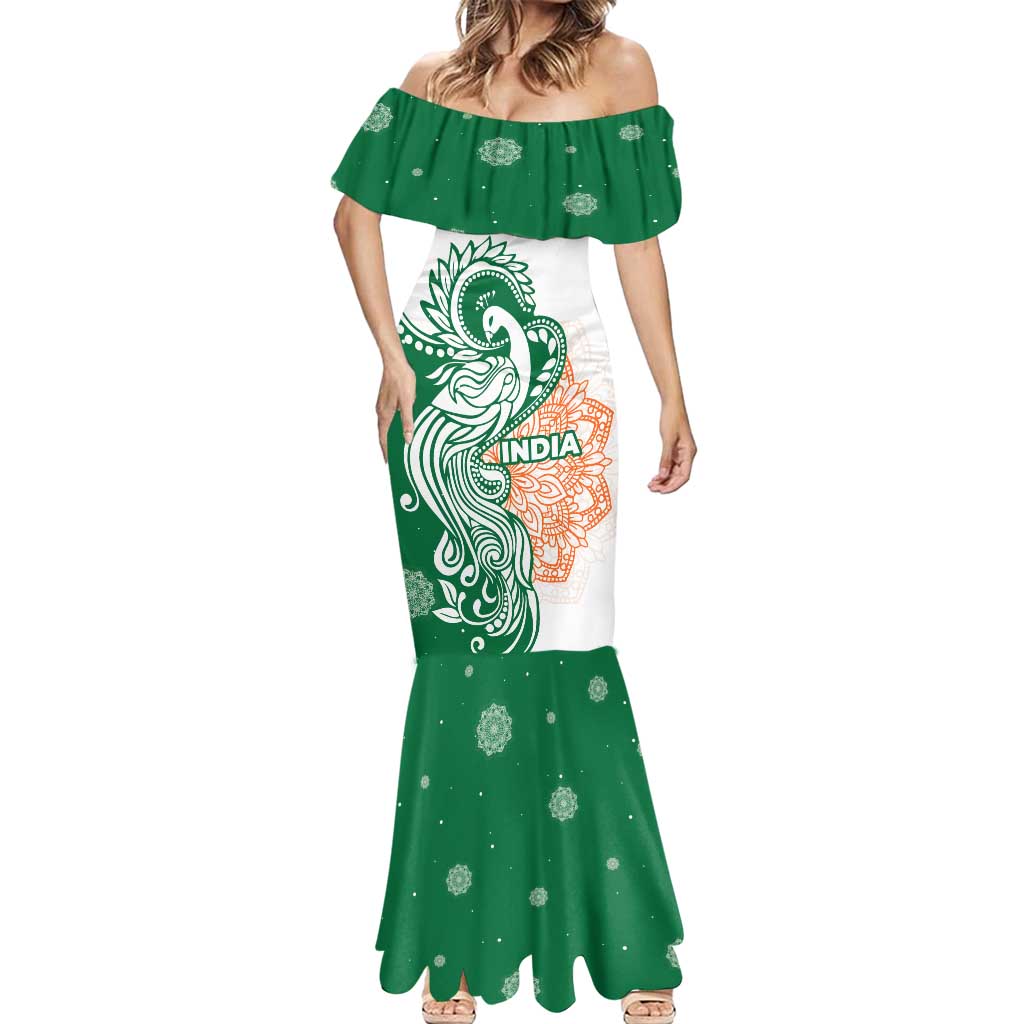 India Christmas Mermaid Dress with Peacock Mandala Pattern and Tricolor Design - Wonder Print Shop