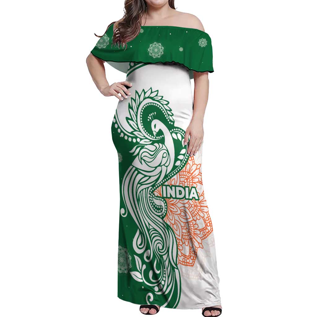India Christmas Off Shoulder Maxi Dress with Peacock Mandala Pattern and Tricolor Design - Wonder Print Shop