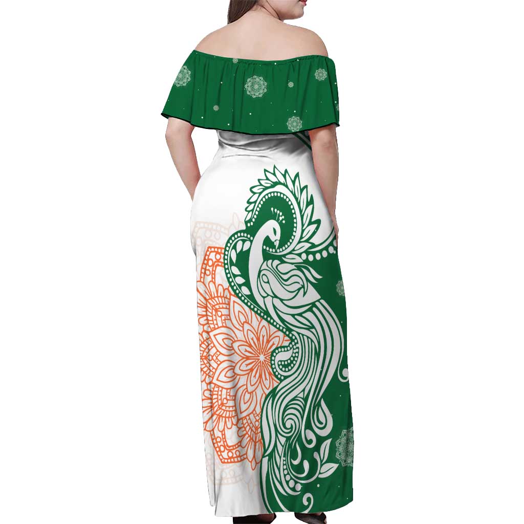 India Christmas Off Shoulder Maxi Dress with Peacock Mandala Pattern and Tricolor Design - Wonder Print Shop