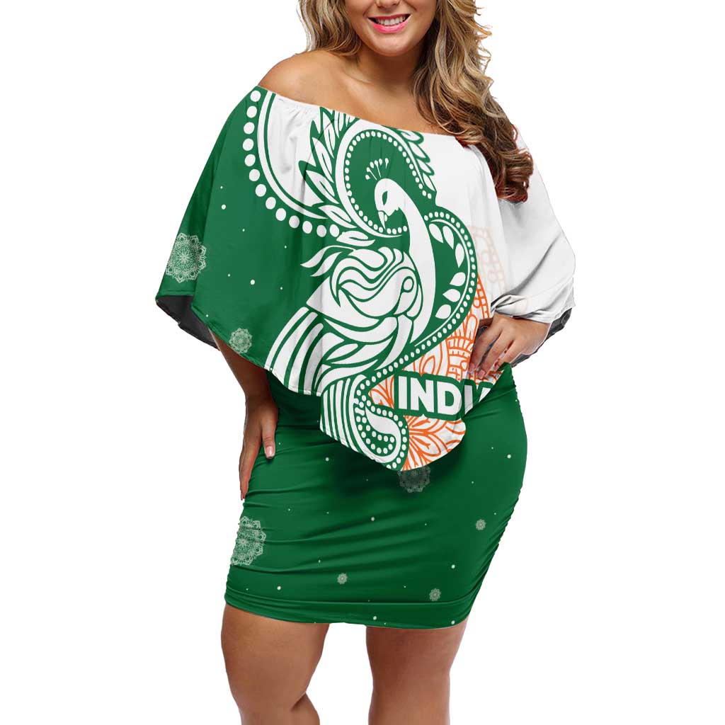 India Christmas Off Shoulder Short Dress with Peacock Mandala Pattern and Tricolor Design - Wonder Print Shop
