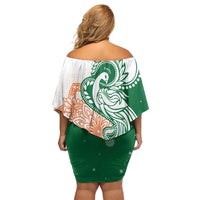 India Christmas Off Shoulder Short Dress with Peacock Mandala Pattern and Tricolor Design - Wonder Print Shop