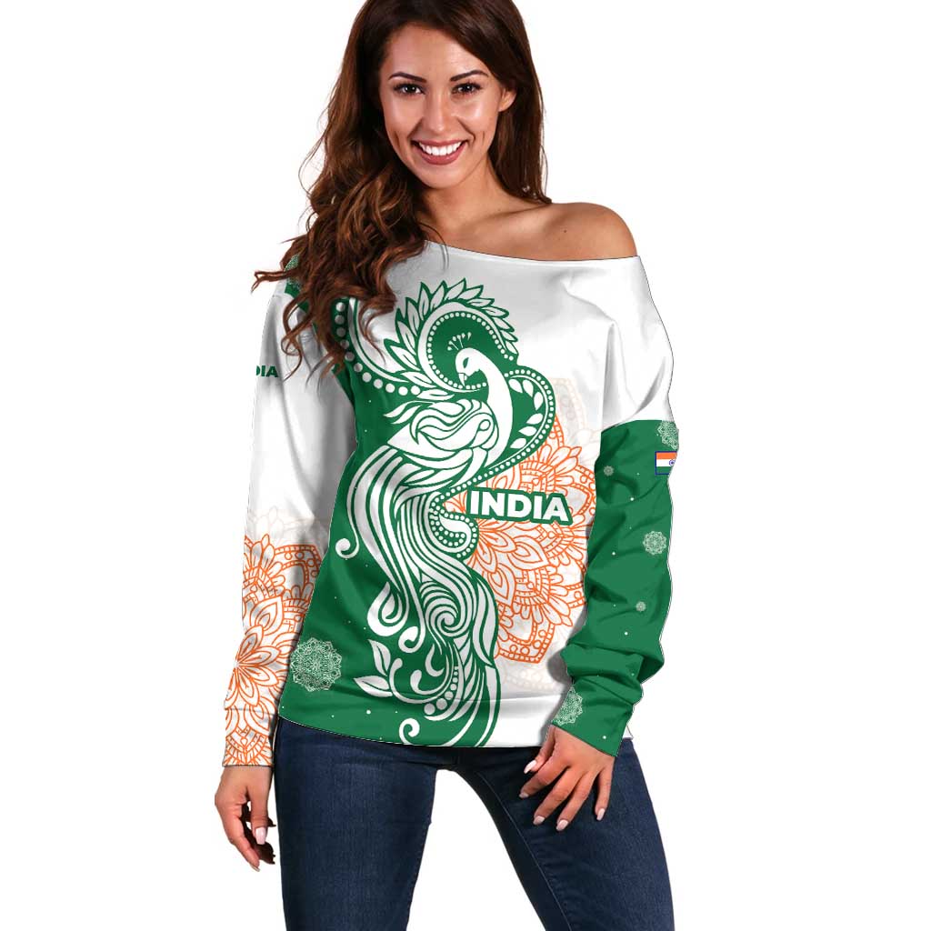 India Christmas Off Shoulder Sweater with Peacock Mandala Pattern and Tricolor Design - Wonder Print Shop