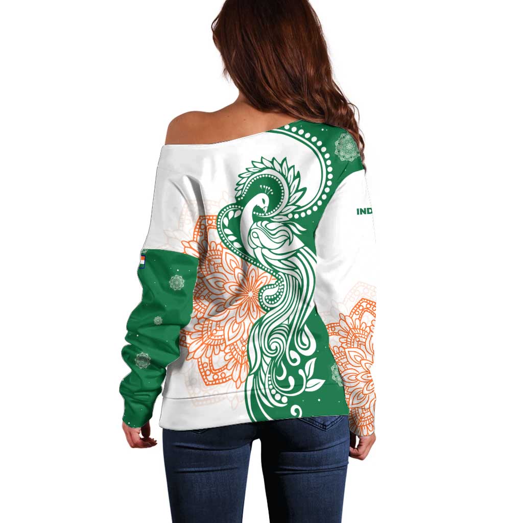 India Christmas Off Shoulder Sweater with Peacock Mandala Pattern and Tricolor Design - Wonder Print Shop
