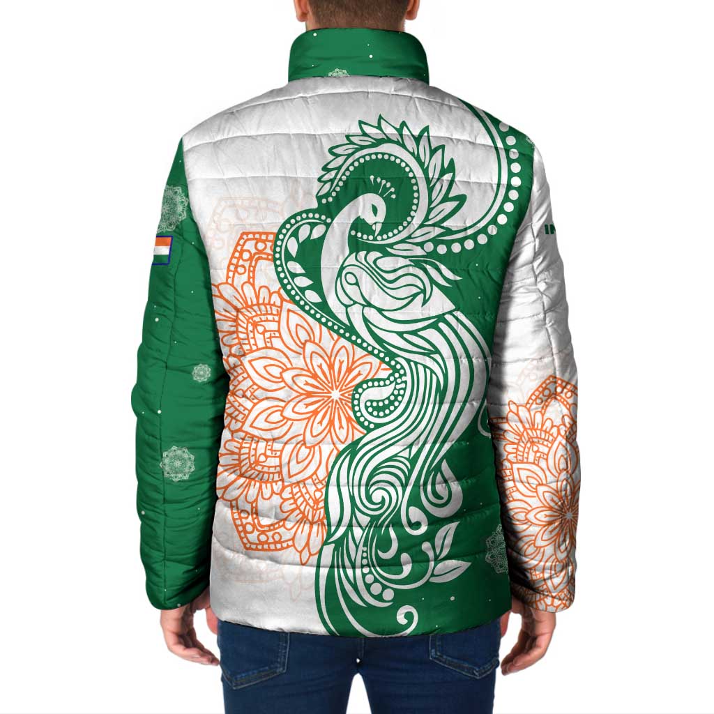 India Christmas Padded Jacket with Peacock Mandala Pattern and Tricolor Design - Wonder Print Shop