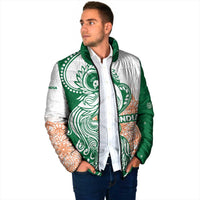 India Christmas Padded Jacket with Peacock Mandala Pattern and Tricolor Design - Wonder Print Shop