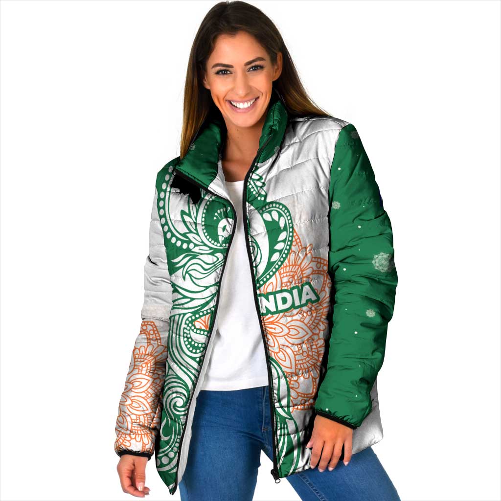 India Christmas Padded Jacket with Peacock Mandala Pattern and Tricolor Design - Wonder Print Shop