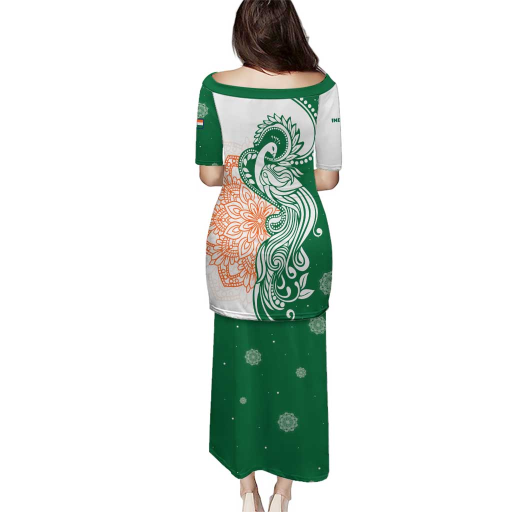 India Christmas Puletasi with Peacock Mandala Pattern and Tricolor Design - Wonder Print Shop