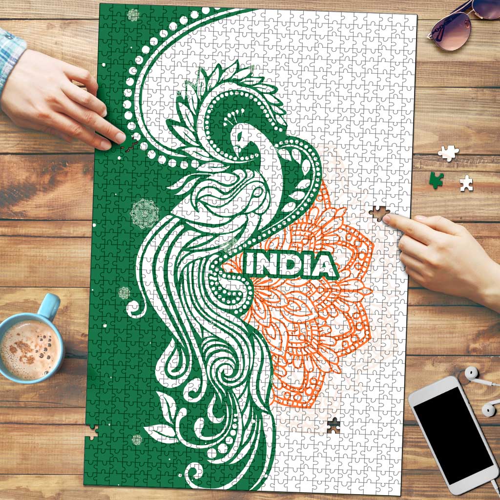 India Christmas Puzzle with Peacock Mandala Pattern and Tricolor Design - Wonder Print Shop