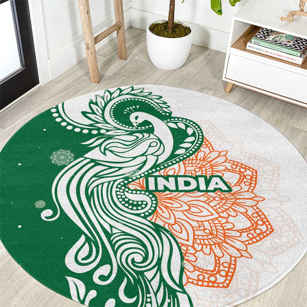 India Christmas Round Carpet with Peacock Mandala Pattern and Tricolor Design - Wonder Print Shop
