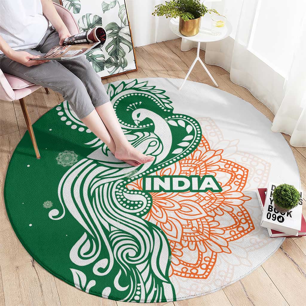 India Christmas Round Carpet with Peacock Mandala Pattern and Tricolor Design - Wonder Print Shop