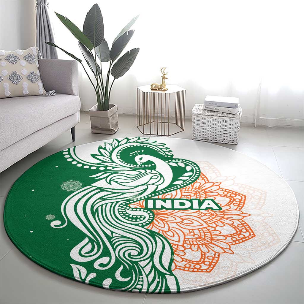 India Christmas Round Carpet with Peacock Mandala Pattern and Tricolor Design - Wonder Print Shop