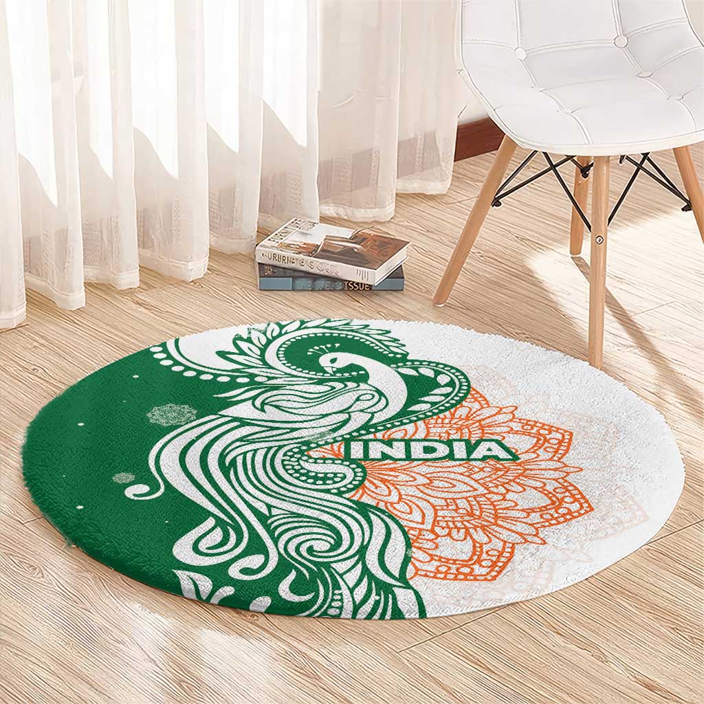 India Christmas Round Carpet with Peacock Mandala Pattern and Tricolor Design - Wonder Print Shop