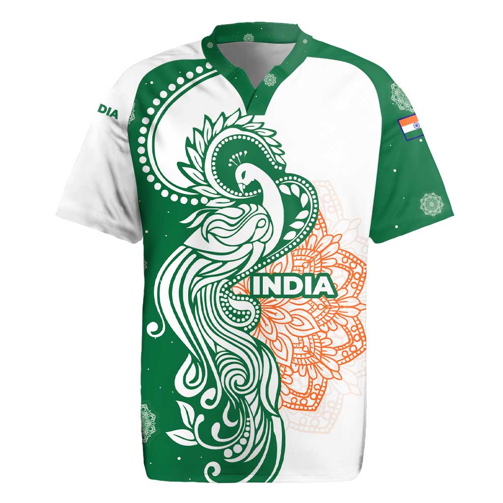 India Christmas Rugby Jersey with Peacock Mandala Pattern and Tricolor Design - Wonder Print Shop