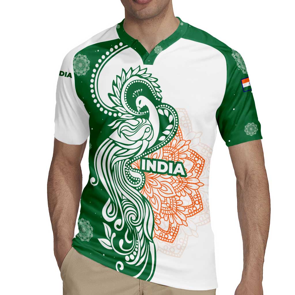 India Christmas Rugby Jersey with Peacock Mandala Pattern and Tricolor Design - Wonder Print Shop