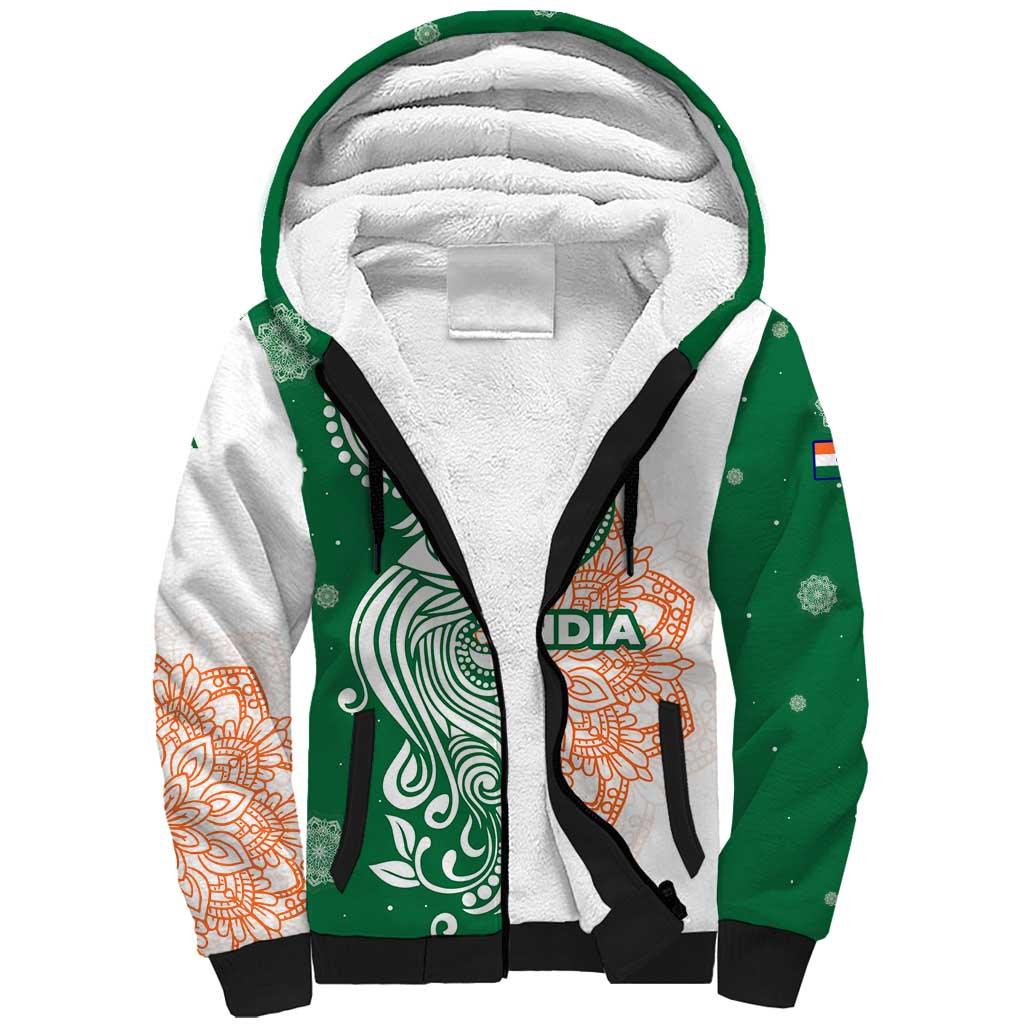 India Christmas Sherpa Hoodie with Peacock Mandala Pattern and Tricolor Design - Wonder Print Shop
