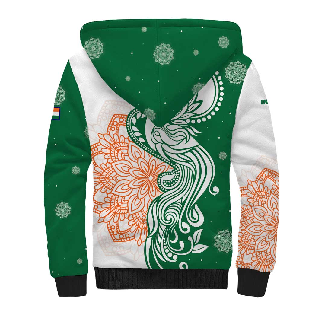 India Christmas Sherpa Hoodie with Peacock Mandala Pattern and Tricolor Design - Wonder Print Shop
