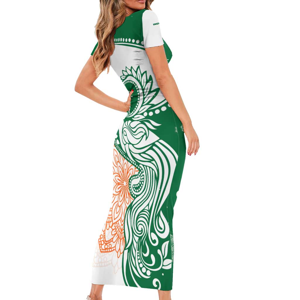 India Christmas Short Sleeve Bodycon Dress with Peacock Mandala Pattern and Tricolor Design - Wonder Print Shop