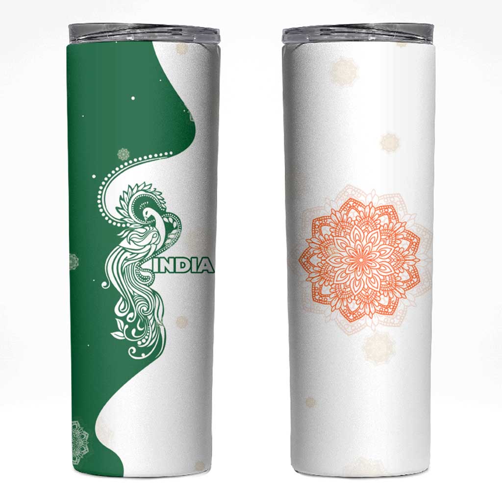 India Christmas Skinny Tumbler with Peacock Mandala Pattern and Tricolor Design - Wonder Print Shop