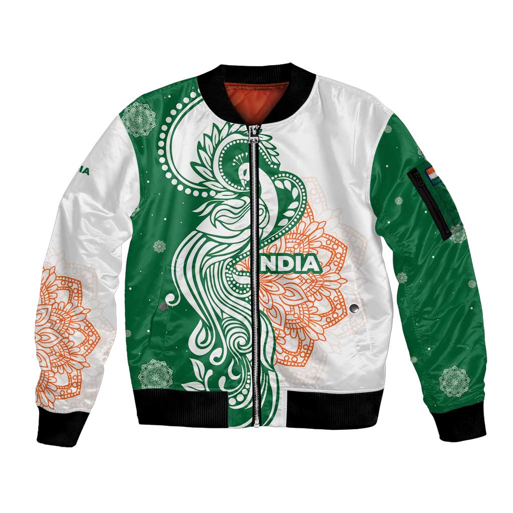 India Christmas Sleeve Zip Bomber Jacket with Peacock Mandala Pattern and Tricolor Design - Wonder Print Shop