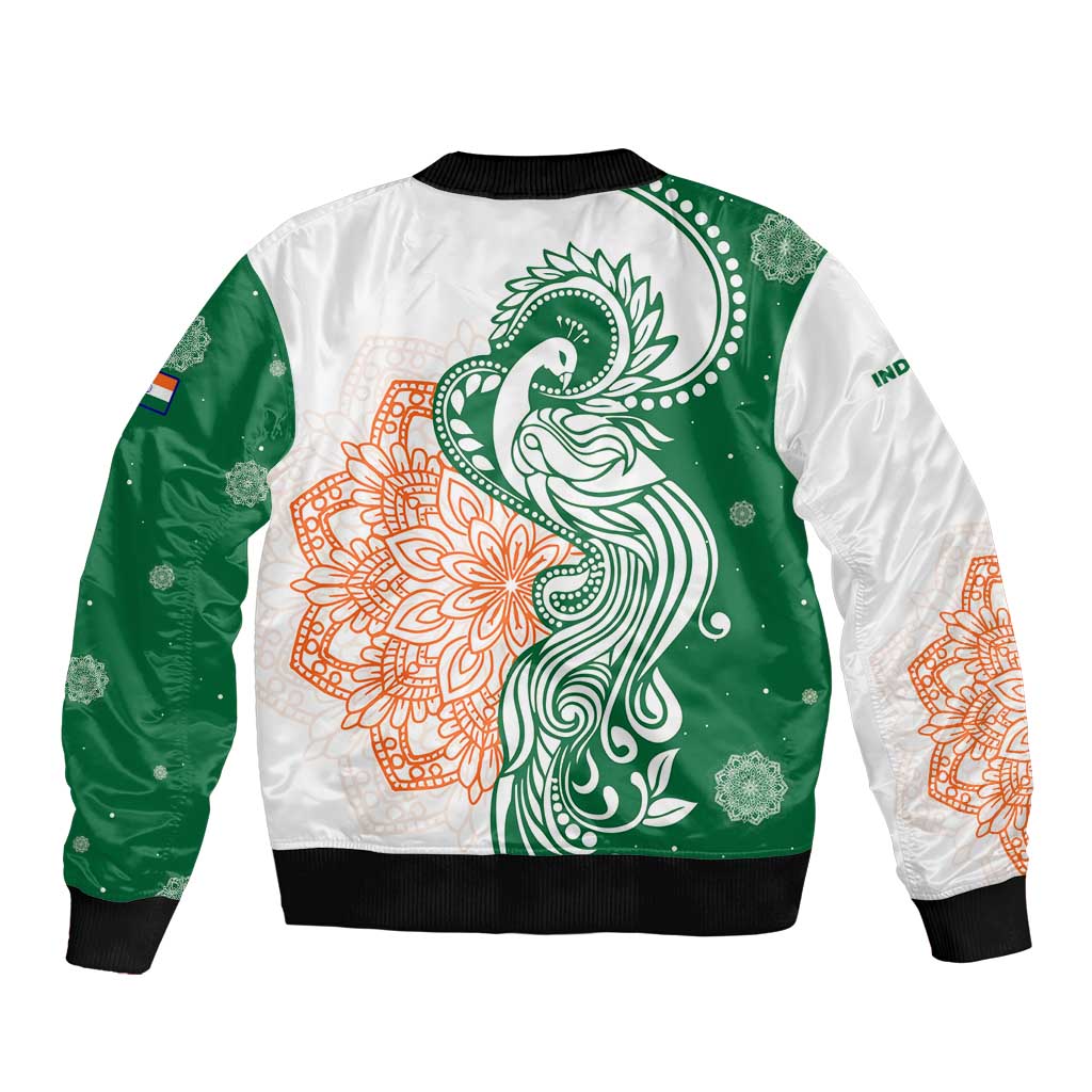 India Christmas Sleeve Zip Bomber Jacket with Peacock Mandala Pattern and Tricolor Design - Wonder Print Shop