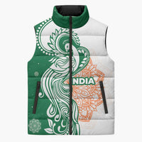 India Christmas Sleeveless Puffer Jacket with Peacock Mandala Pattern and Tricolor Design - Wonder Print Shop