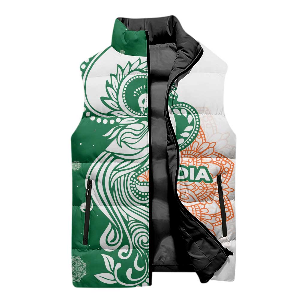 India Christmas Sleeveless Puffer Jacket with Peacock Mandala Pattern and Tricolor Design - Wonder Print Shop