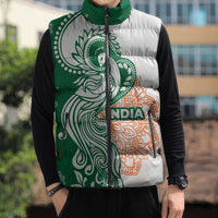 India Christmas Sleeveless Puffer Jacket with Peacock Mandala Pattern and Tricolor Design - Wonder Print Shop