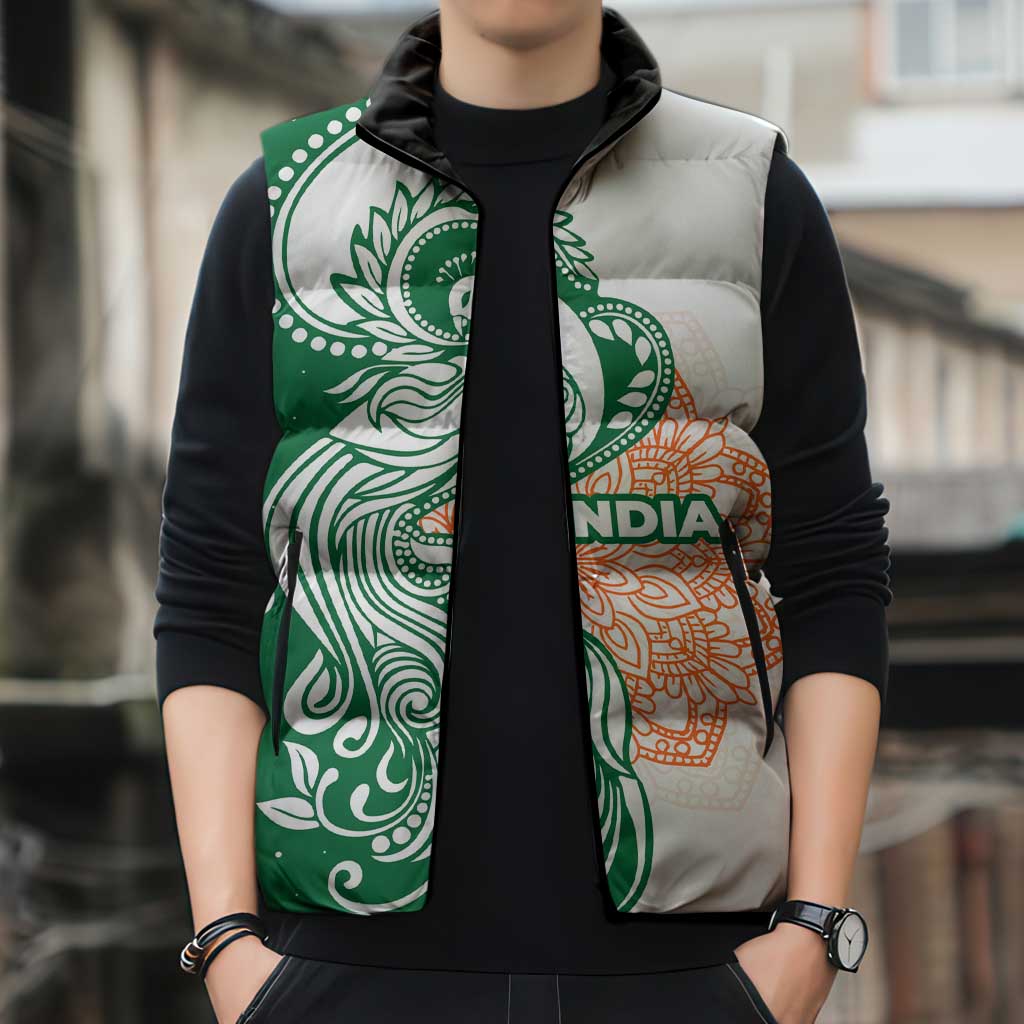 India Christmas Sleeveless Puffer Jacket with Peacock Mandala Pattern and Tricolor Design - Wonder Print Shop