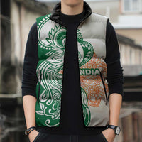 India Christmas Sleeveless Puffer Jacket with Peacock Mandala Pattern and Tricolor Design - Wonder Print Shop