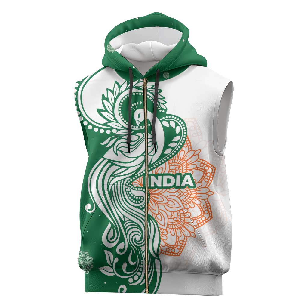 India Christmas Sleeveless Zip Hoodie with Peacock Mandala Pattern and Tricolor Design - Wonder Print Shop