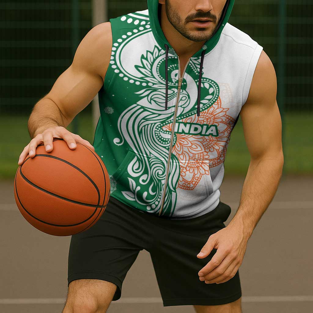 India Christmas Sleeveless Zip Hoodie with Peacock Mandala Pattern and Tricolor Design - Wonder Print Shop