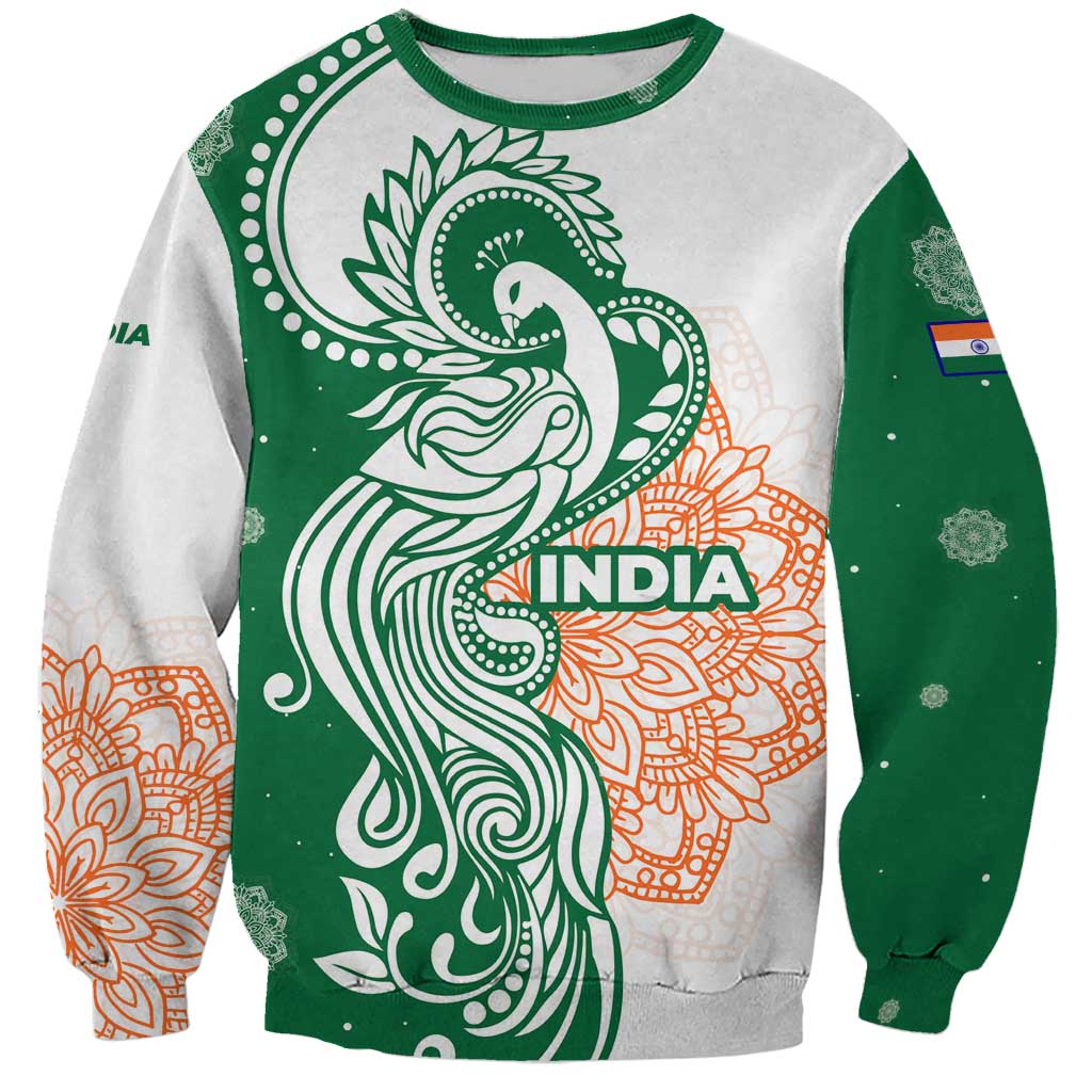 India Christmas Sweatshirt with Peacock Mandala Pattern and Tricolor Design - Wonder Print Shop