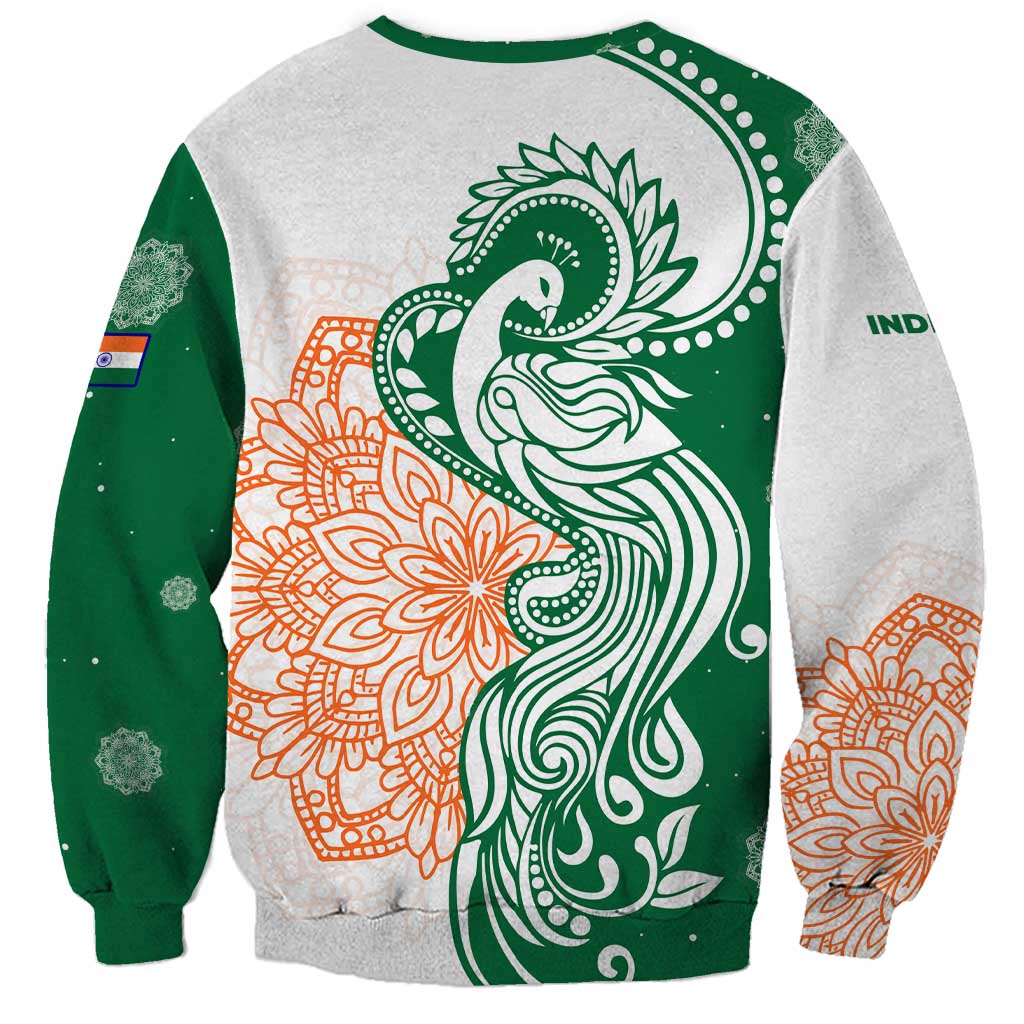 India Christmas Sweatshirt with Peacock Mandala Pattern and Tricolor Design - Wonder Print Shop