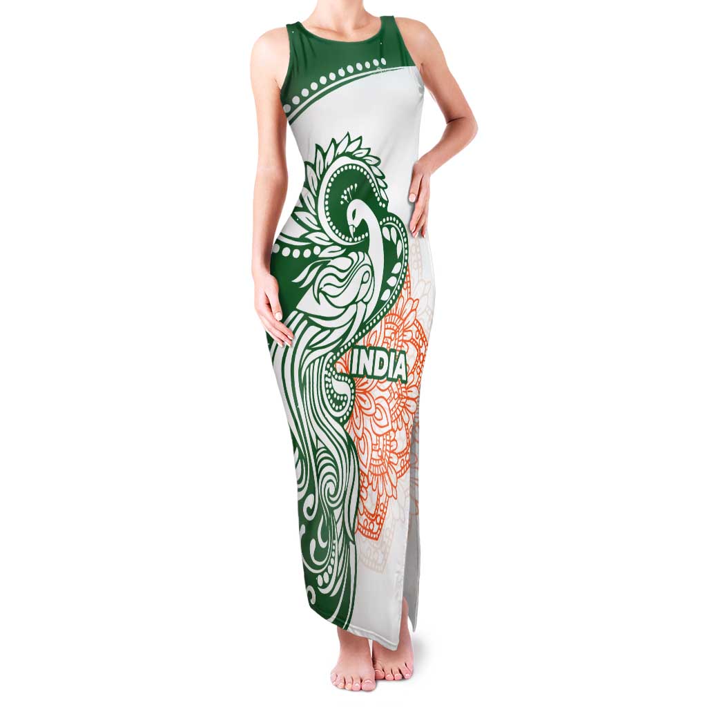 India Christmas Tank Maxi Dress with Peacock Mandala Pattern and Tricolor Design - Wonder Print Shop