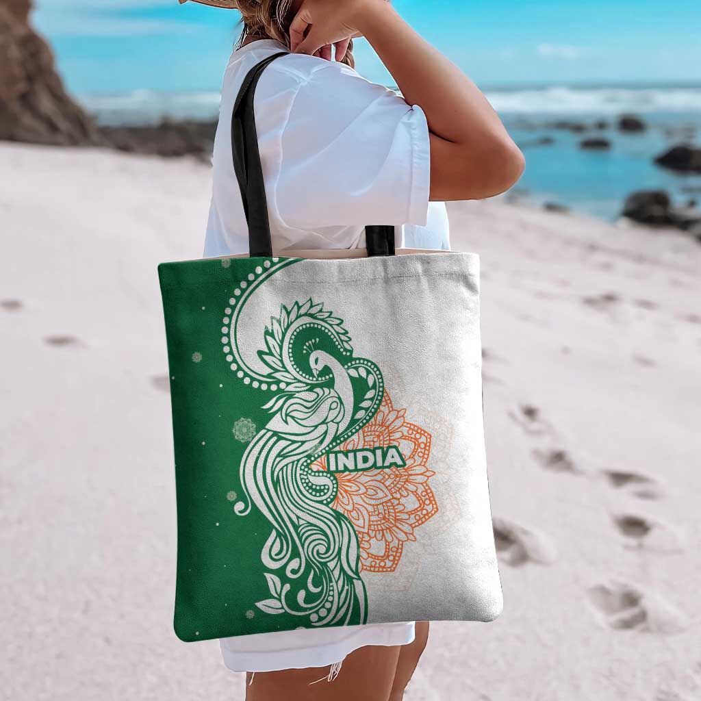 India Christmas Tote Bag with Peacock Mandala Pattern and Tricolor Design - Wonder Print Shop