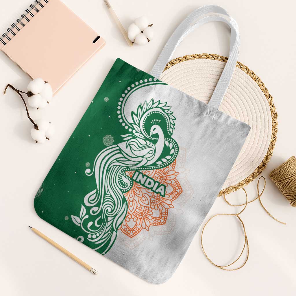India Christmas Tote Bag with Peacock Mandala Pattern and Tricolor Design - Wonder Print Shop