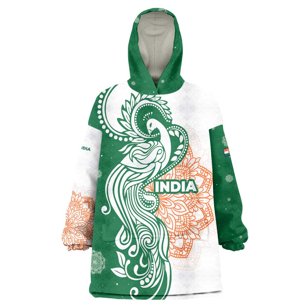 India Christmas Wearable Blanket Hoodie with Peacock Mandala Pattern and Tricolor Design - Wonder Print Shop