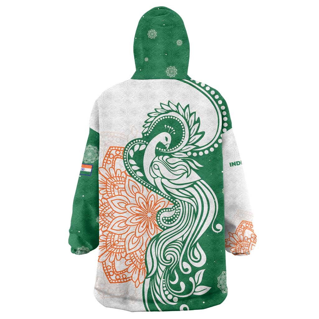 India Christmas Wearable Blanket Hoodie with Peacock Mandala Pattern and Tricolor Design - Wonder Print Shop